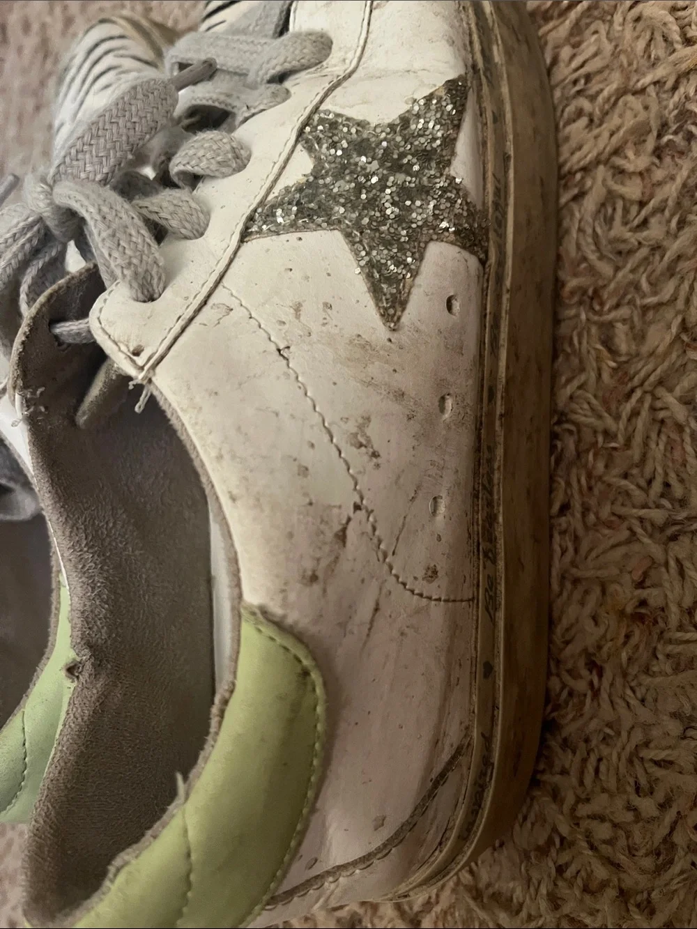 White shu shop Reba Sneakers with Glitter Star and Lime Accent